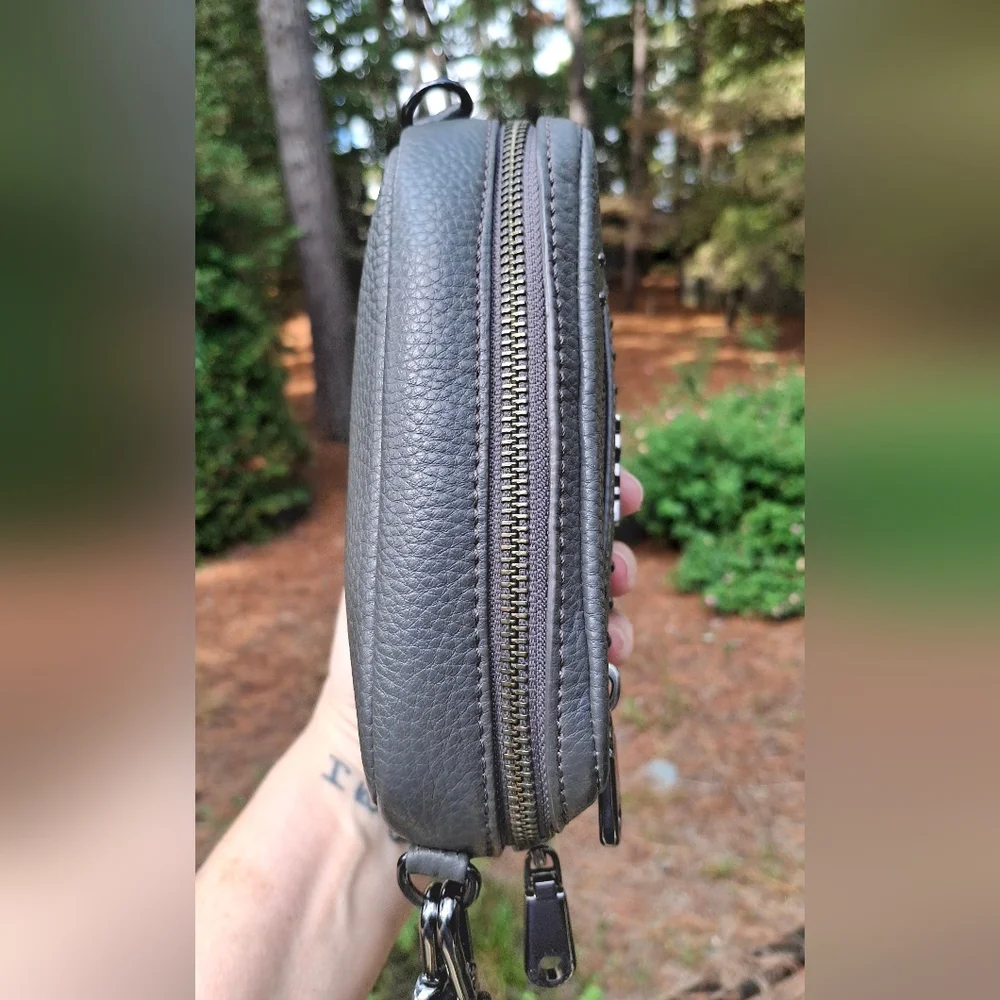 DKNY Charcoal Grey Studded Leather Convertible Crossbody Clutch Wristlet